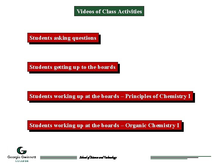 Videos of Class Activities Students asking questions Students getting up to the boards Students