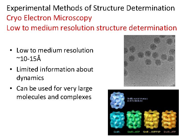 Experimental Methods of Structure Determination Cryo Electron Microscopy Low to medium resolution structure determination