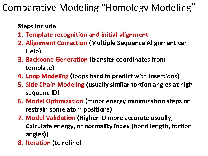 Comparative Modeling “Homology Modeling” Steps include: 1. Template recognition and initial alignment 2. Alignment