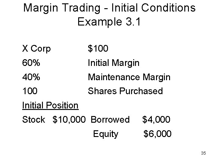 Margin Trading - Initial Conditions Example 3. 1 X Corp $100 60% Initial Margin