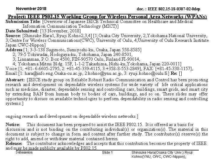 November 2018 doc. : IEEE 802. 15 -18 -0307 -02 -0 dep Project: IEEE