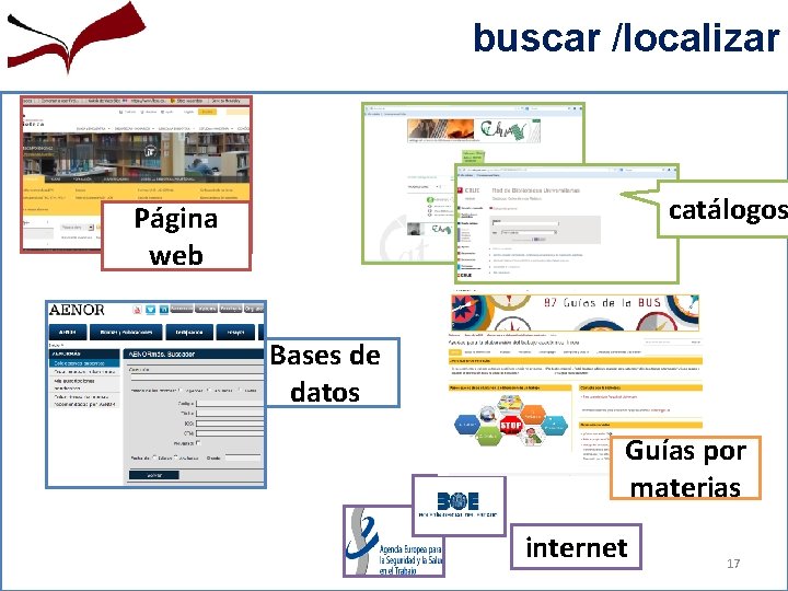 buscar /localizar catálogos Página web Bases de datos Guías por materias internet 17 