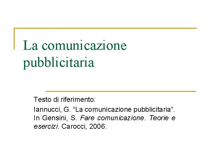 La comunicazione pubblicitaria Testo di riferimento: Iannucci, G. “La comunicazione pubblicitaria”. In Gensini, S. La comunicazione pubblicitaria Testo di riferimento: Iannucci, G. “La comunicazione pubblicitaria”. In Gensini, S.