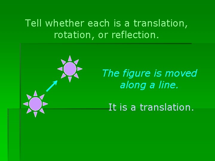 Tell whether each is a translation, rotation, or reflection. The figure is moved along