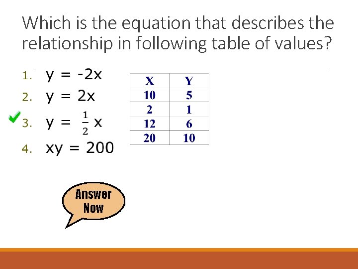 Which is the equation that describes the relationship in following table of values? Answer