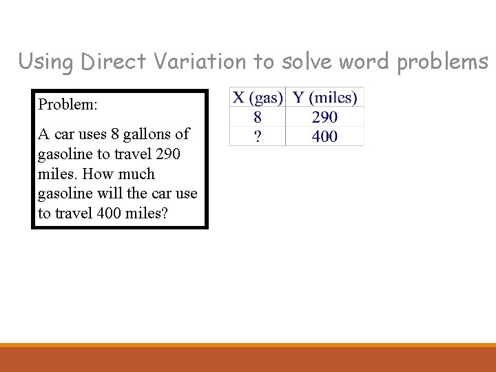 Using Direct Variation to solve word problems Problem: A car uses 8 gallons of