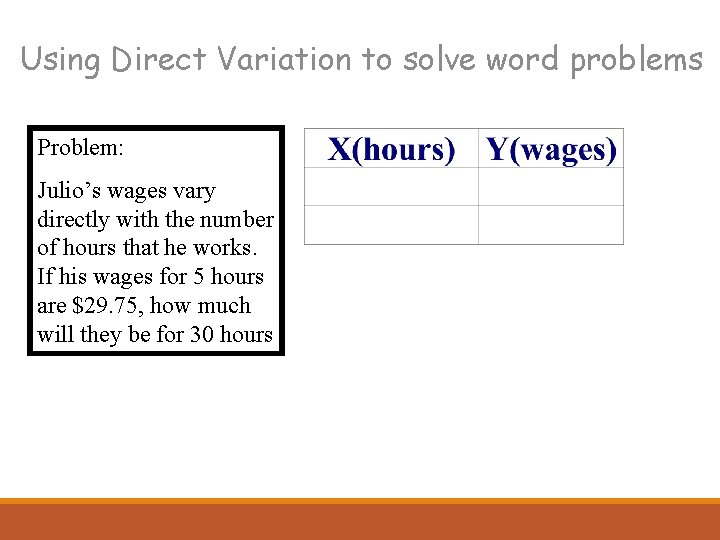 Using Direct Variation to solve word problems Problem: Julio’s wages vary directly with the