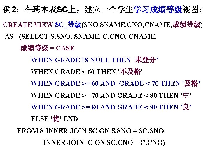 例2：在基本表SC上，建立一个学生学习成绩等级视图： CREATE VIEW SC_等级(SNO, SNAME, CNO, CNAME, 成绩等级) AS (SELECT S. SNO, SNAME, C.