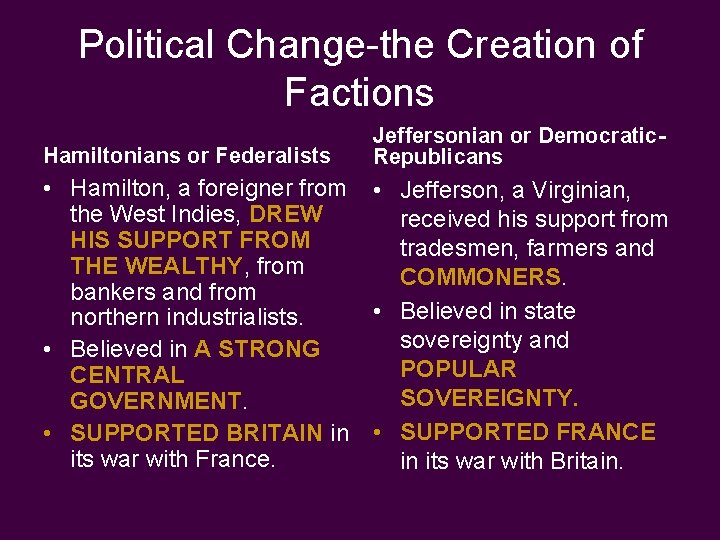 Political Change-the Creation of Factions Hamiltonians or Federalists Jeffersonian or Democratic. Republicans • Hamilton,