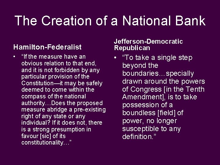 The Creation of a National Bank Hamilton-Federalist Jefferson-Democratic Republican • “If the measure have