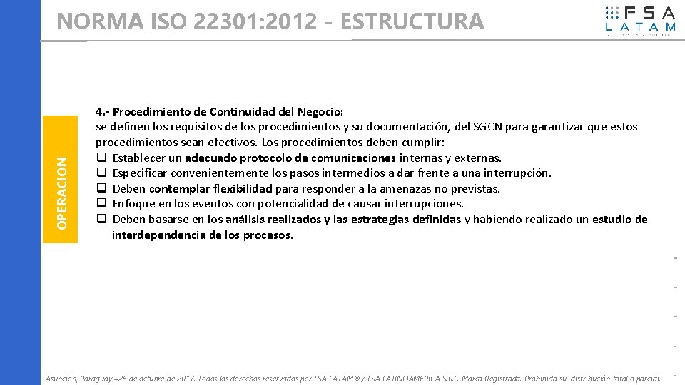 OPERACION NORMA ISO 22301: 2012 - ESTRUCTURA 4. - Procedimiento de Continuidad del Negocio: