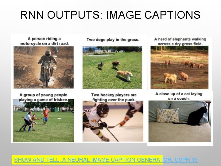 RNN OUTPUTS: IMAGE CAPTIONS SHOW AND TELL: A NEURAL IMAGE CAPTION GENERATOR, CVPR 15