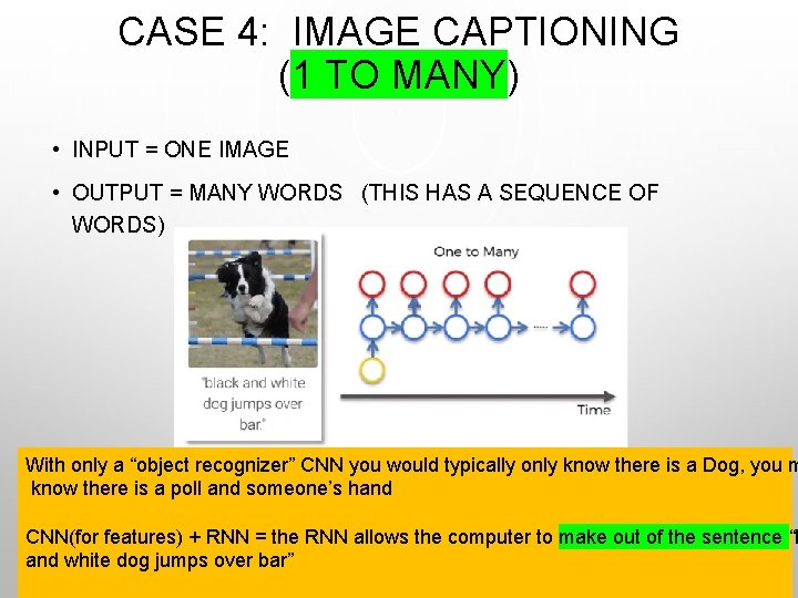 CASE 4: IMAGE CAPTIONING (1 TO MANY) • INPUT = ONE IMAGE • OUTPUT
