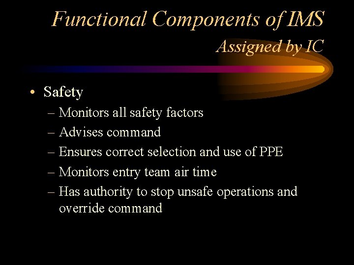Functional Components of IMS Assigned by IC • Safety – Monitors all safety factors Functional Components of IMS Assigned by IC • Safety – Monitors all safety factors