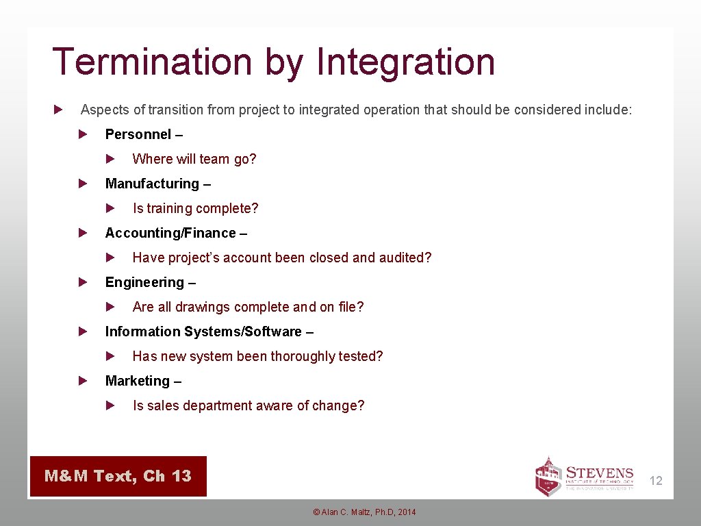 Termination by Integration Aspects of transition from project to integrated operation that should be