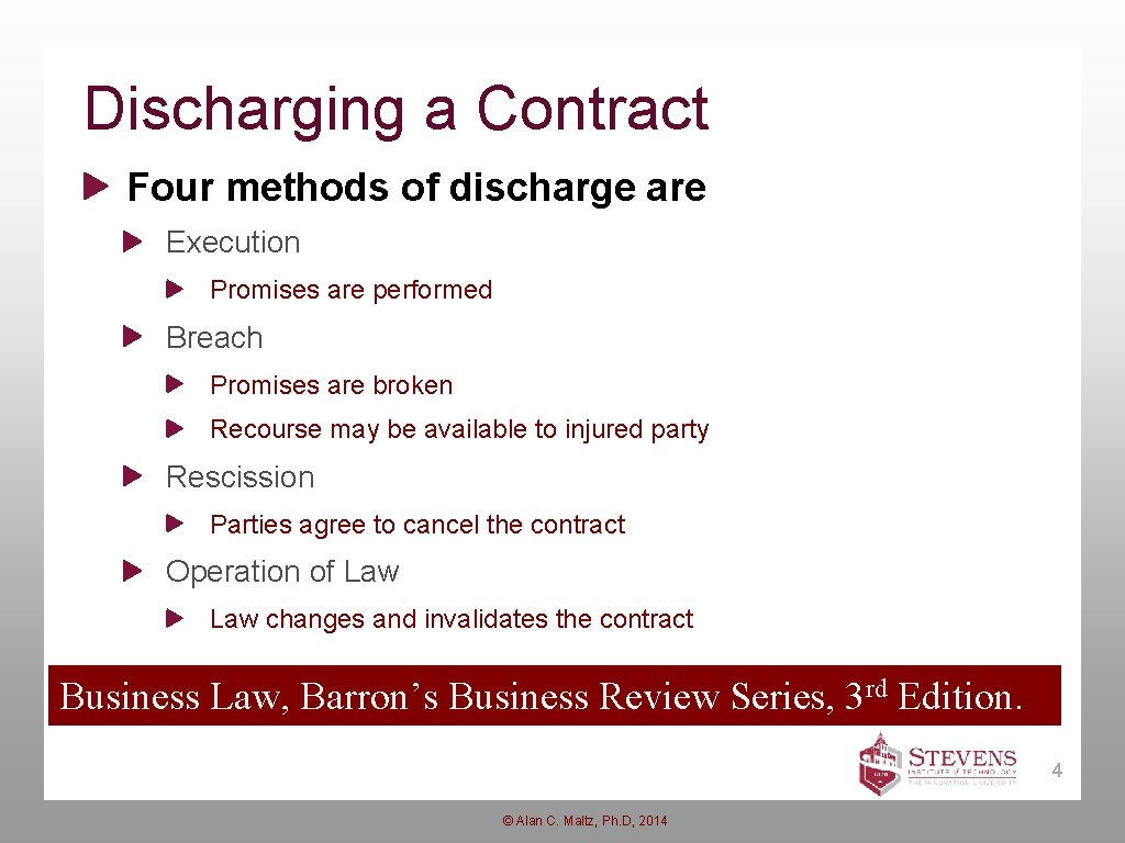 Discharging a Contract Four methods of discharge are Execution Promises are performed Breach Promises