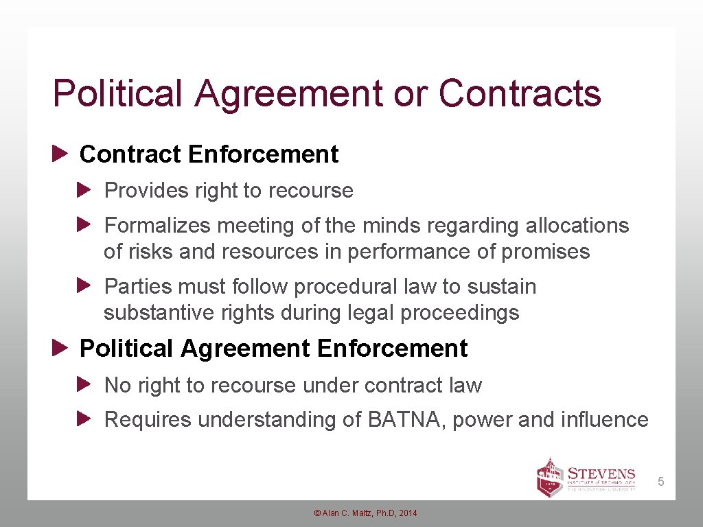 Political Agreement or Contracts Contract Enforcement Provides right to recourse Formalizes meeting of the