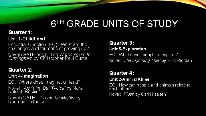 6 TH GRADE UNITS OF STUDY Quarter 1: Unit 1 -Childhood Essential Question (EQ):