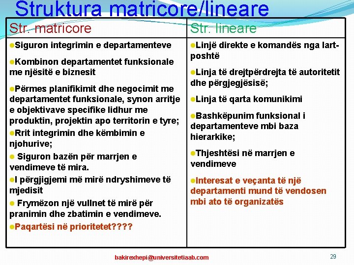 Struktura matricore/lineare Str. matricore Str. lineare l. Siguron l. Linjë integrimin e departamenteve l.