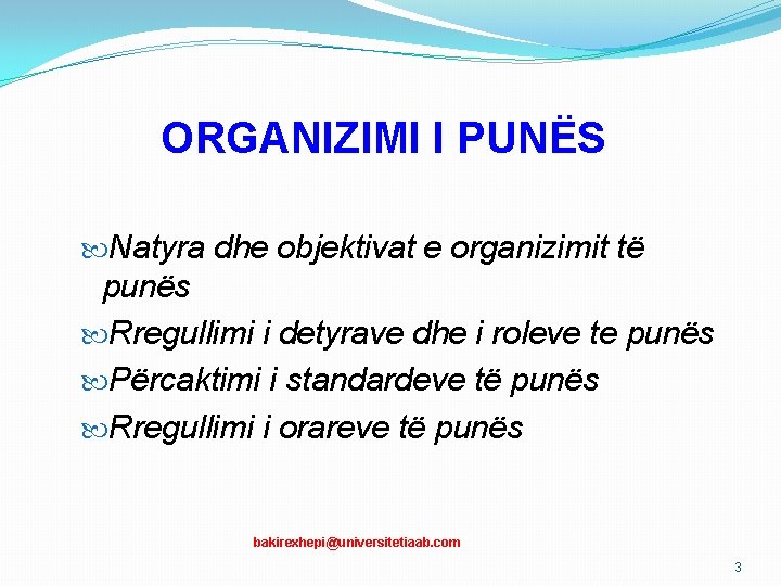 ORGANIZIMI I PUNËS Natyra dhe objektivat e organizimit të punës Rregullimi i detyrave dhe