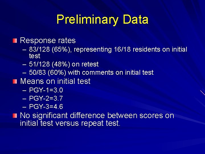 Preliminary Data Response rates – 83/128 (65%), representing 16/18 residents on initial test – Preliminary Data Response rates – 83/128 (65%), representing 16/18 residents on initial test –