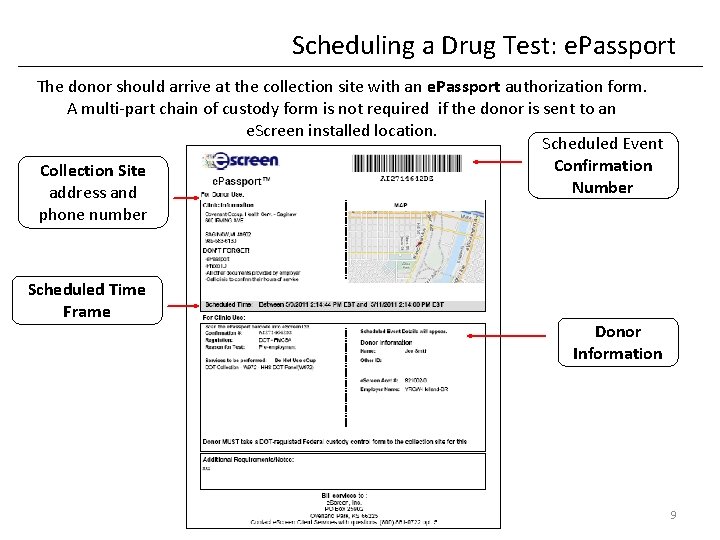 Scheduling a Drug Test: e. Passport The donor should arrive at the collection site