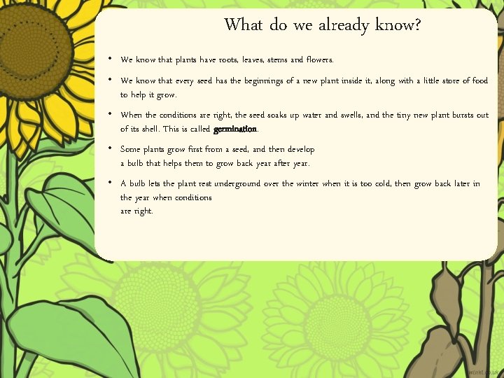 What do we already know? • We know that plants have roots, leaves, stems