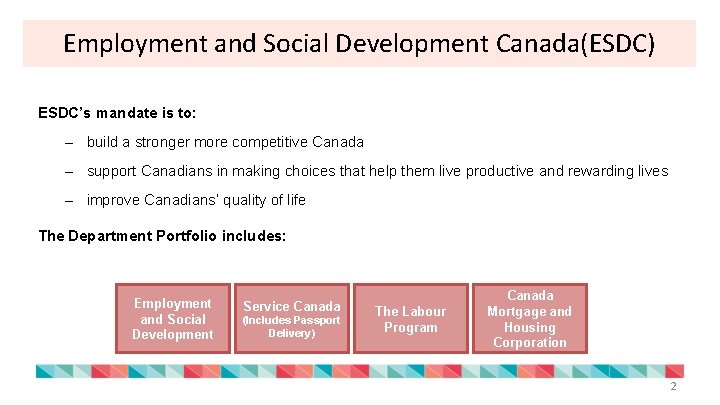 Employment and Social Development Canada(ESDC) ESDC’s mandate is to: – build a stronger more