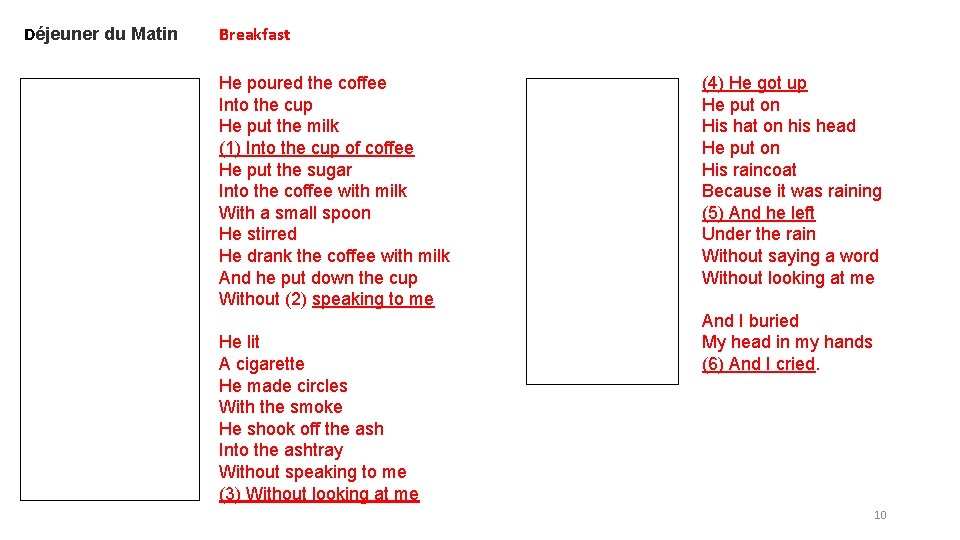 Déjeuner du Matin Breakfast He poured the coffee Into the cup He put the