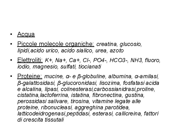  • Acqua • Piccole molecole organiche: creatina, glucosio, lipidi, acido urico, acido sialico,