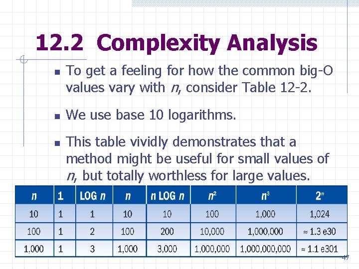 12. 2 Complexity Analysis n n n To get a feeling for how the 12. 2 Complexity Analysis n n n To get a feeling for how the