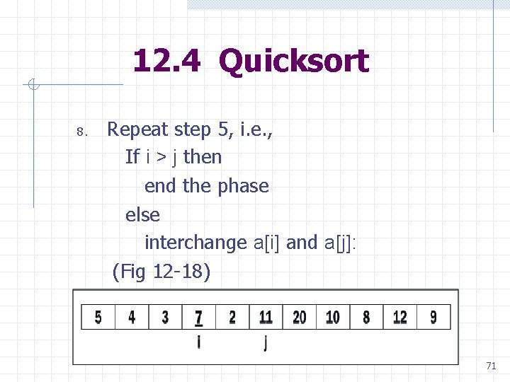 12. 4 Quicksort 8. Repeat step 5, i. e. , If i > j 12. 4 Quicksort 8. Repeat step 5, i. e. , If i > j