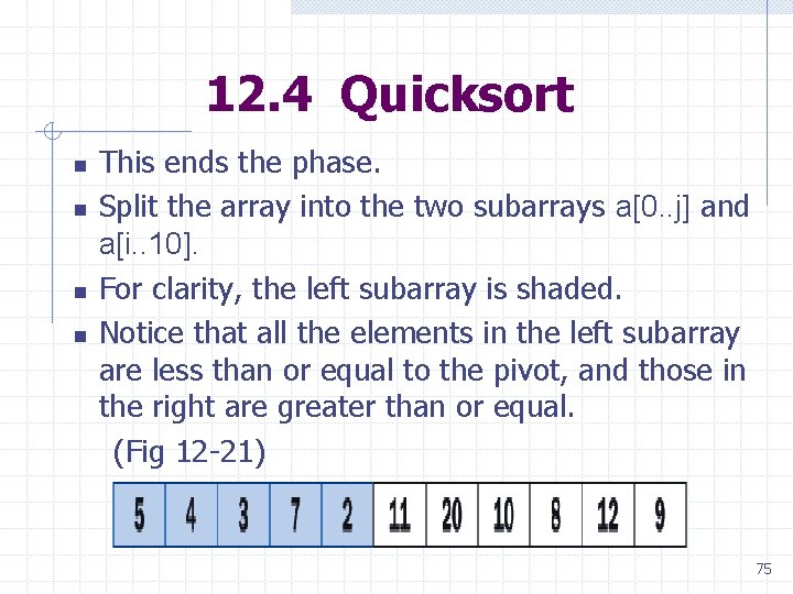 12. 4 Quicksort n n This ends the phase. Split the array into the 12. 4 Quicksort n n This ends the phase. Split the array into the