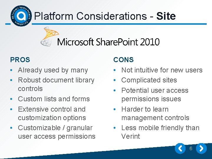 Platform Considerations - Site PROS • Already used by many • Robust document library