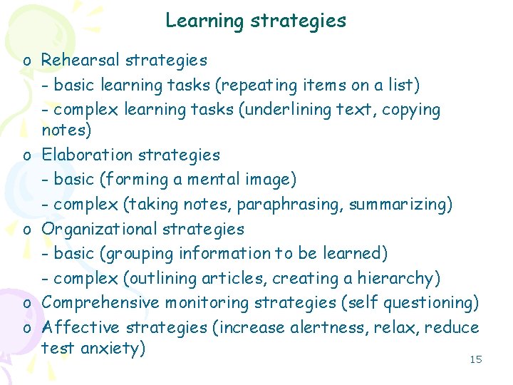 Learning strategies o Rehearsal strategies - basic learning tasks (repeating items on a list)