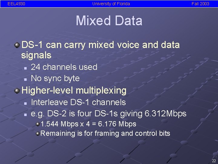 EEL 4930 University of Florida Fall 2003 Mixed Data DS-1 can carry mixed voice