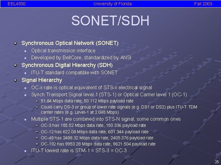 EEL 4930 University of Florida Fall 2003 SONET/SDH Synchronous Optical Network (SONET) n n