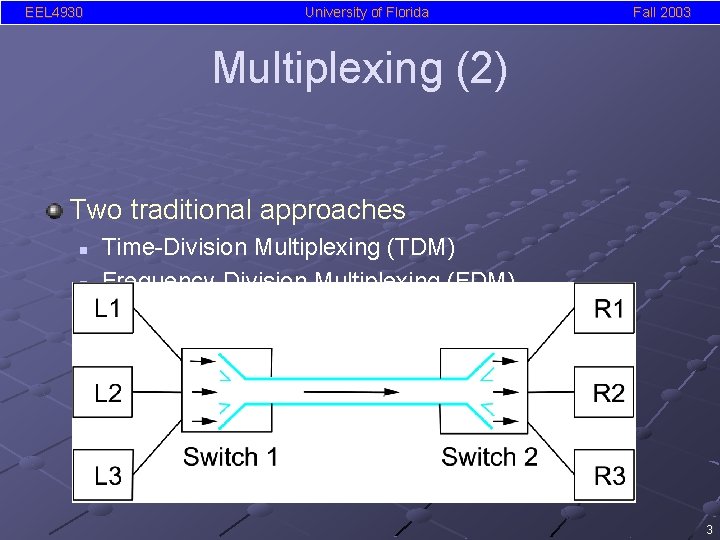 EEL 4930 University of Florida Fall 2003 Multiplexing (2) Two traditional approaches n n