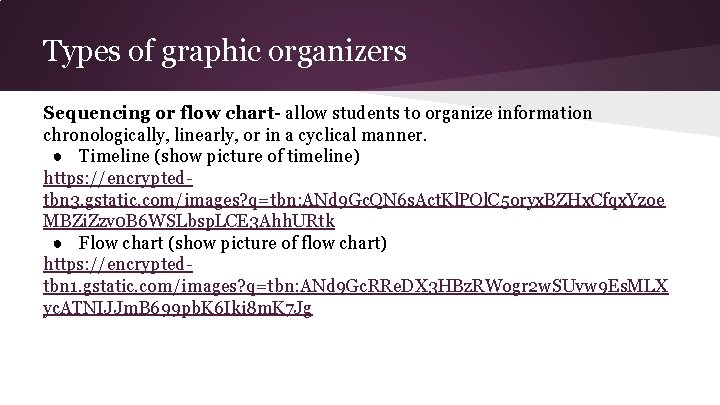 Types of graphic organizers Sequencing or flow chart- allow students to organize information chronologically,