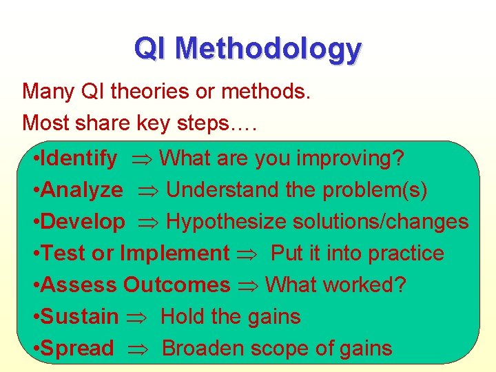 QI Methodology Many QI theories or methods. Most share key steps…. • Identify What