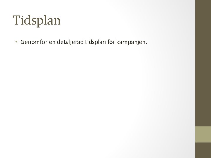 Tidsplan • Genomför en detaljerad tidsplan för kampanjen. 