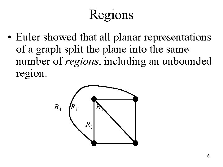 Regions • Euler showed that all planar representations of a graph split the plane