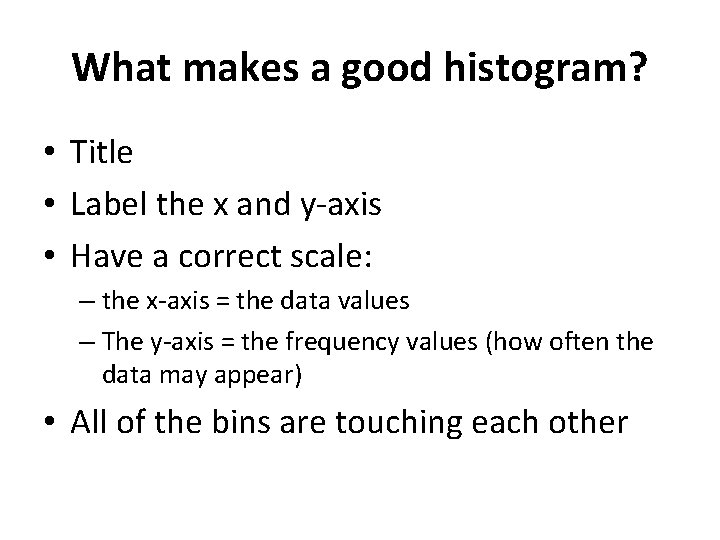 What makes a good histogram? • Title • Label the x and y-axis •