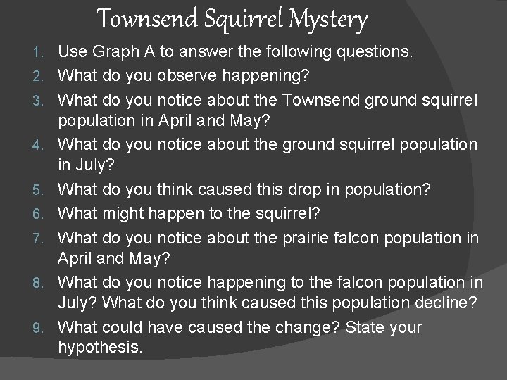 Townsend Squirrel Mystery 1. 2. 3. 4. 5. 6. 7. 8. 9. Use Graph