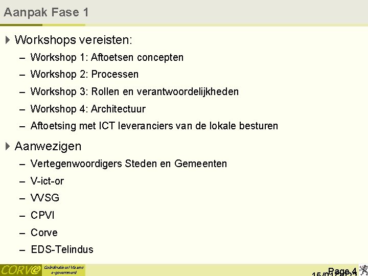 Aanpak Fase 1 4 Workshops vereisten: – Workshop 1: Aftoetsen concepten – Workshop 2: