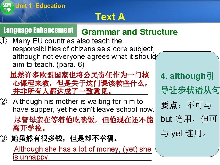 返回 目录 Unit 1 Education Text A Grammar and Structure ① Many EU countries 返回 目录 Unit 1 Education Text A Grammar and Structure ① Many EU countries