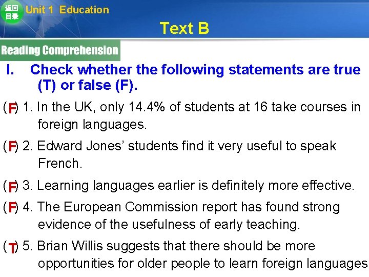 返回 目录 I. Unit 1 Education Text B Check whether the following statements are 返回 目录 I. Unit 1 Education Text B Check whether the following statements are