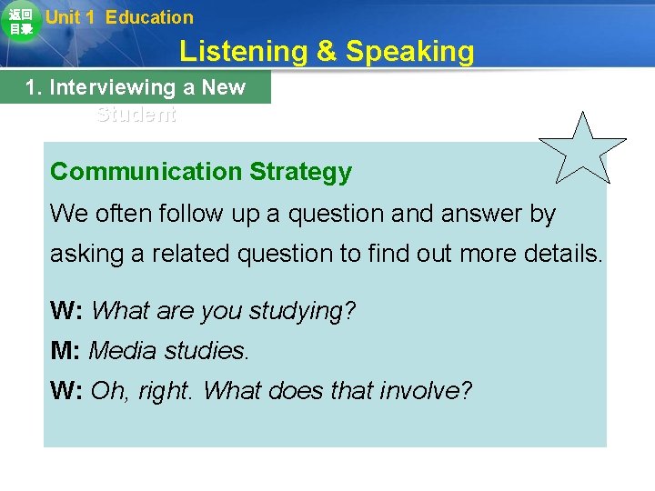 返回 目录 Unit 1 Education Listening & Speaking 1. Interviewing a New Student Communication 返回 目录 Unit 1 Education Listening & Speaking 1. Interviewing a New Student Communication