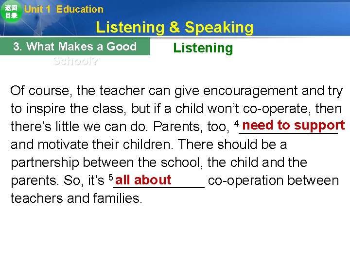 返回 目录 Unit 1 Education Listening & Speaking 3. What Makes a Good School? 返回 目录 Unit 1 Education Listening & Speaking 3. What Makes a Good School?