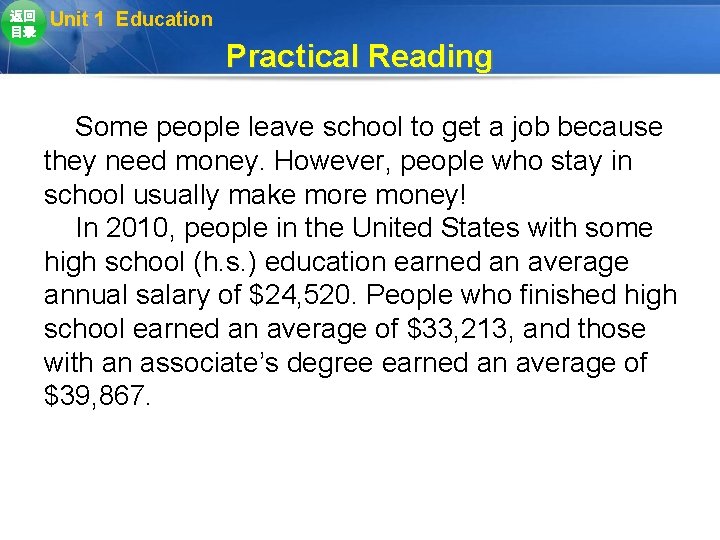 返回 目录 Unit 1 Education Practical Reading Some people leave school to get a 返回 目录 Unit 1 Education Practical Reading Some people leave school to get a